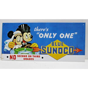 Vintage Mickey Mouse Blue SUNOCO Oil "Only One" Embossed Metal Sign 18.5" x 8.5"
